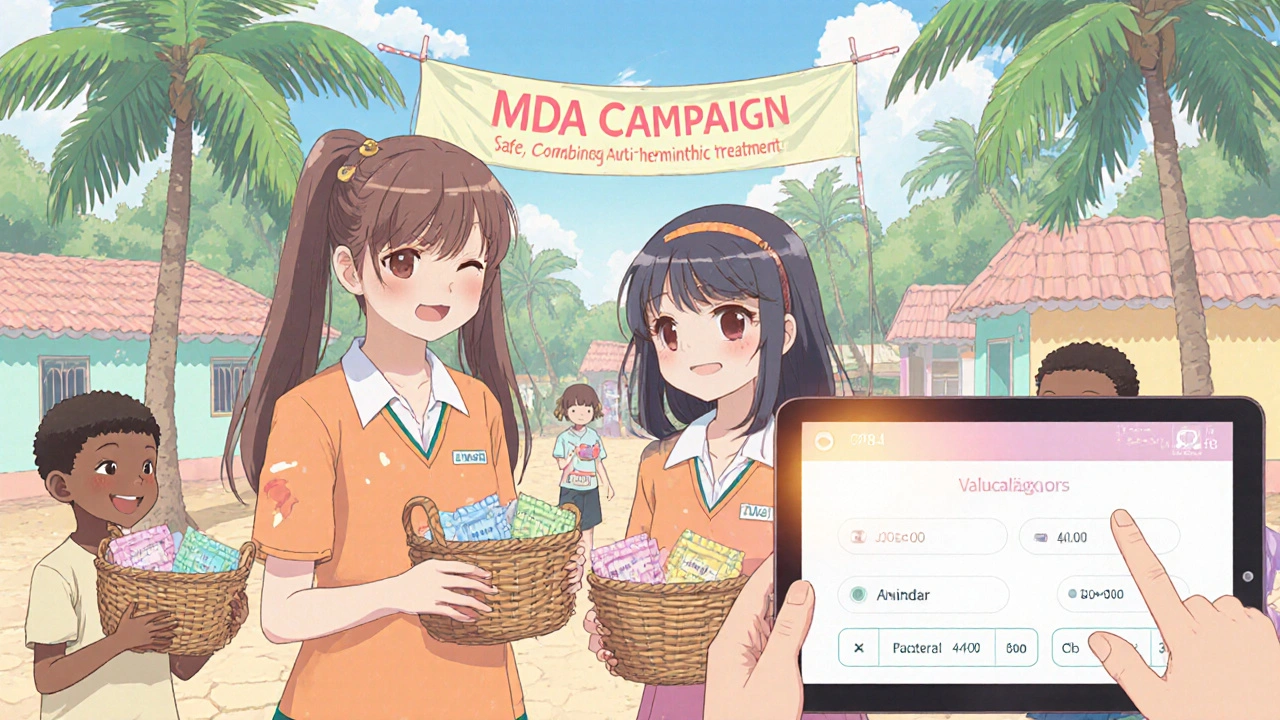 Teen volunteers distributing pastel pill packets to happy children in a village.