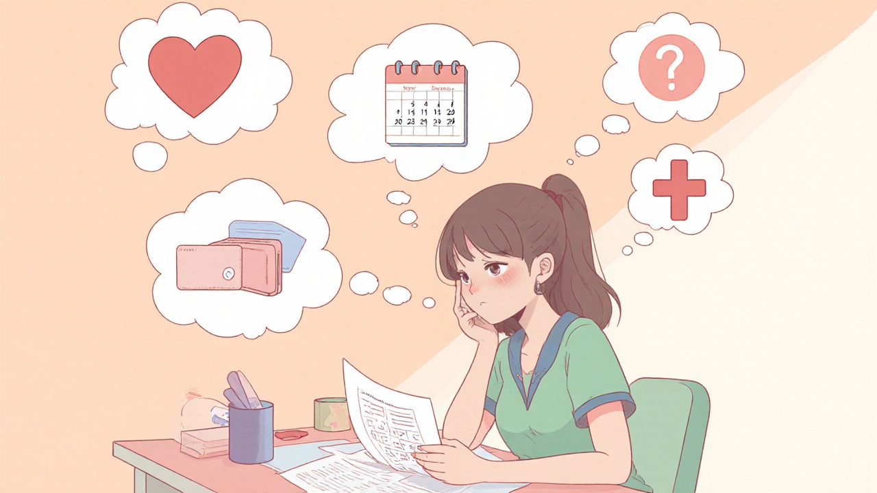 Thoughtful woman at desk with floating icons of heart, calendar, wallet, and medical cross.