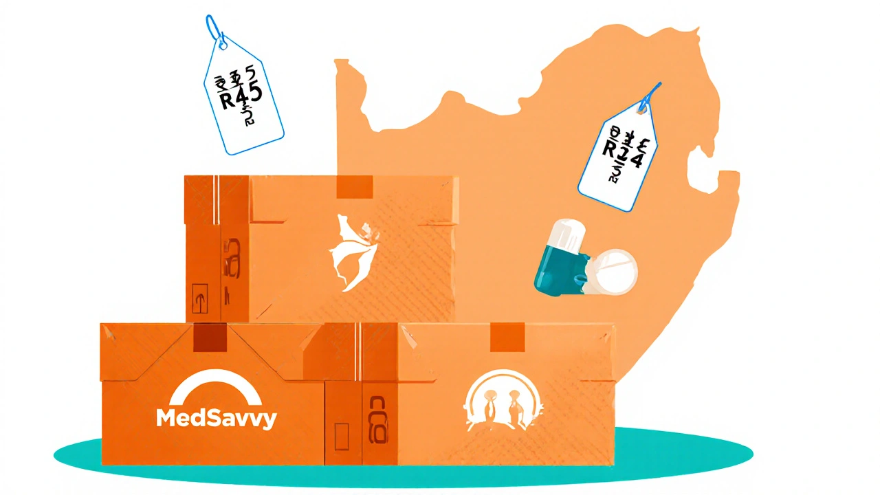Three parcel boxes with pharmacy logos and floating price tags.