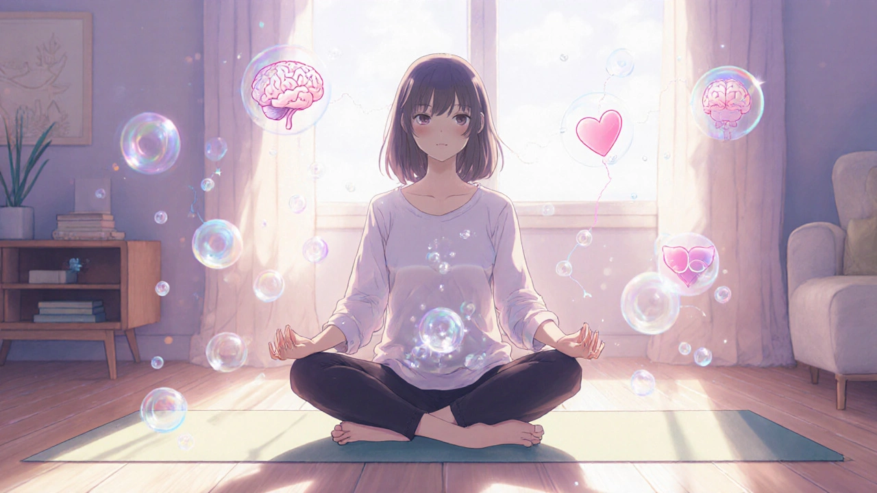 Woman doing yoga and deep breathing, bubbles rising from her belly in moe style.