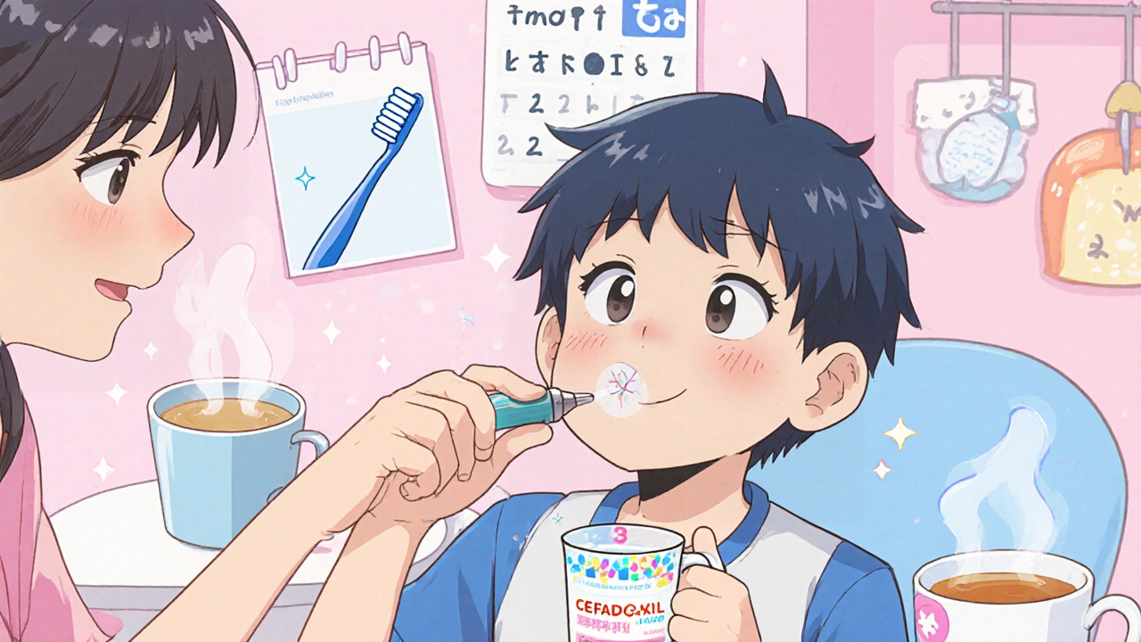 A boy takes medicine from a measuring cup as his mother watches warmly, with a &#039;Day 3&#039; calendar in the background.