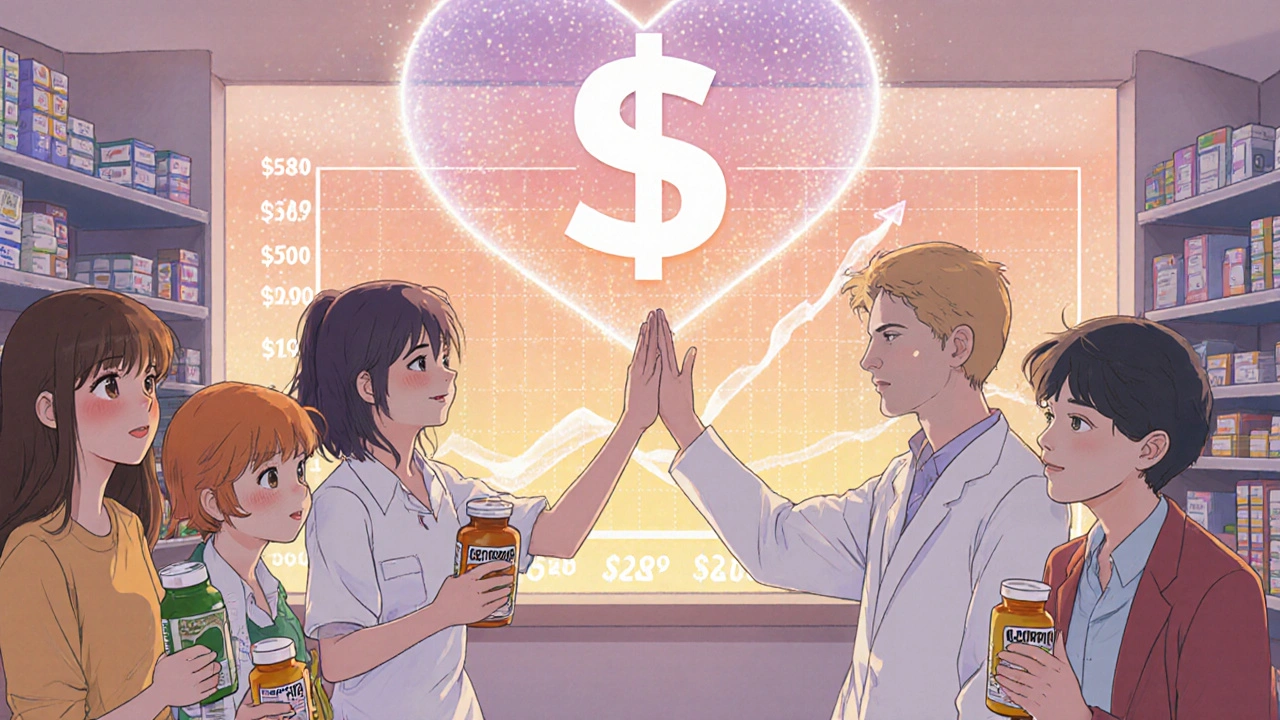 A diverse group of people celebrate saving money on generic medications in a bright pharmacy.