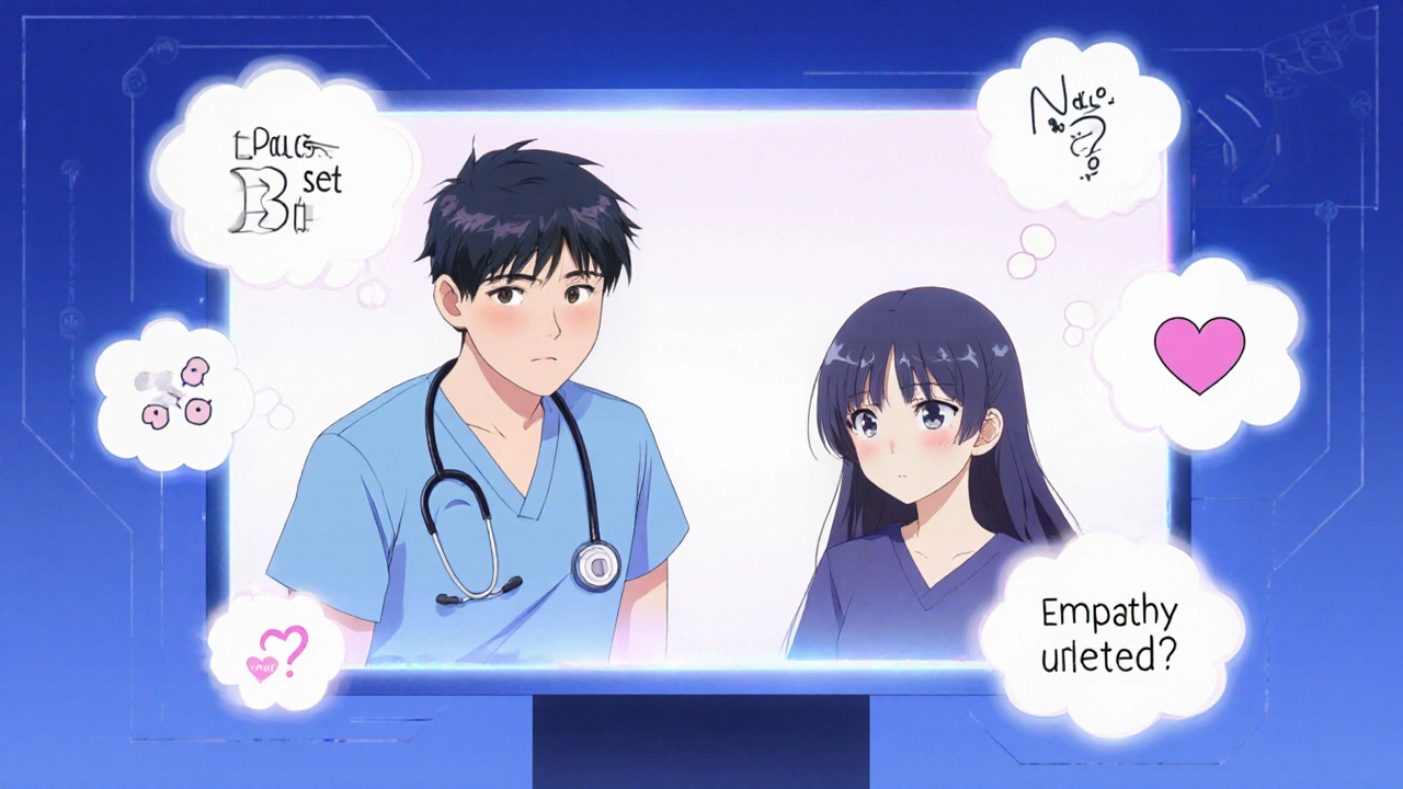 A doctor conducts a telehealth visit with a teen, AI feedback bubbles highlighting empathy cues.