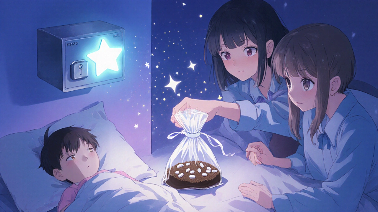 A family disposing of expired meds at night, a glowing lockbox in the corner as a child sleeps peacefully.