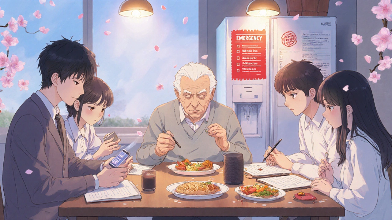 A family shares medication tasks at dinner, with an emergency list on the fridge and a glowing voice assistant nearby.