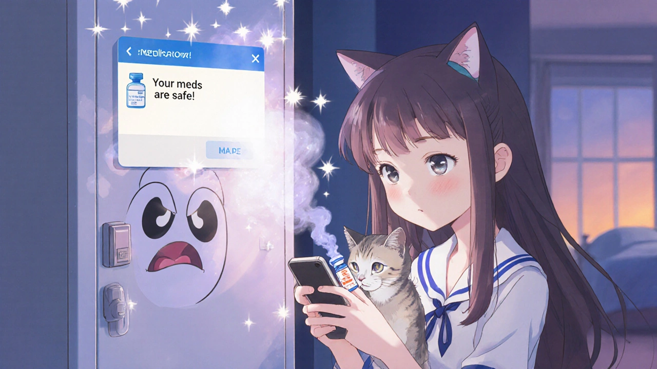 A girl smiling at her phone with a safety notification, humidity monster disappearing near a locked cabinet.