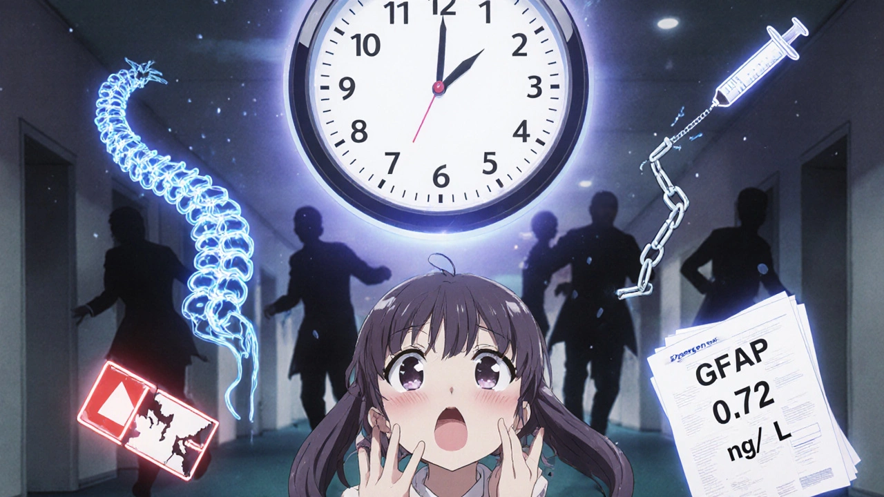A glowing spinal column with an 8-hour countdown, patient reaching out as doctors rush in anime style.