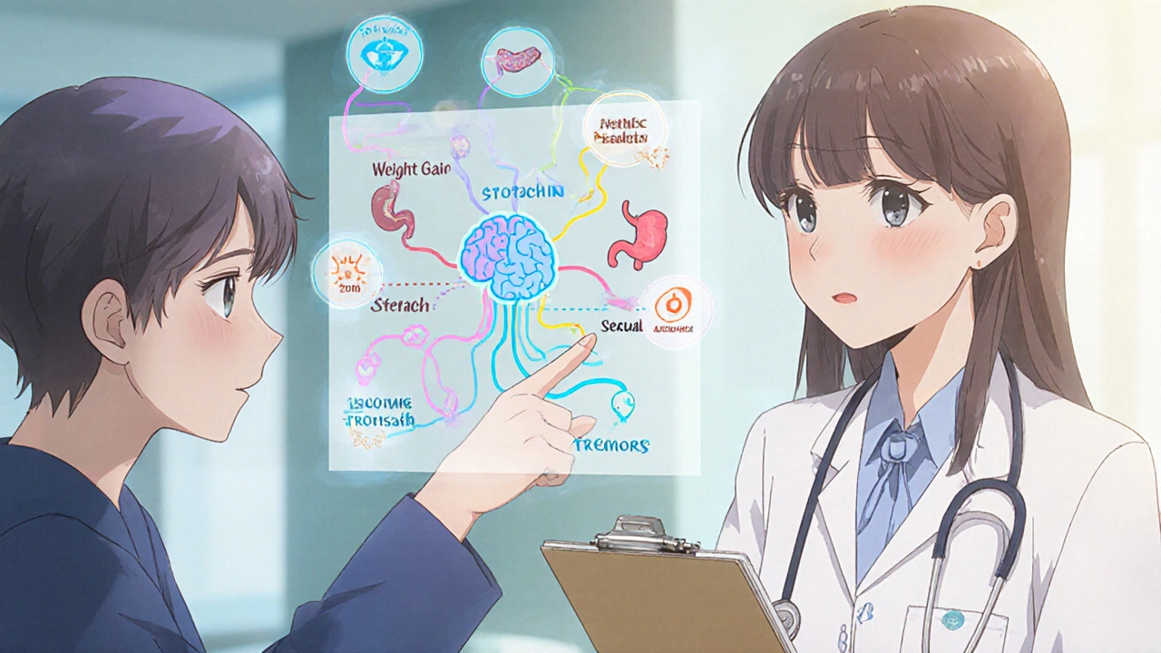 A patient in a doctor&#039;s office pointing to floating icons representing SSRI side effects like weight gain and insomnia.