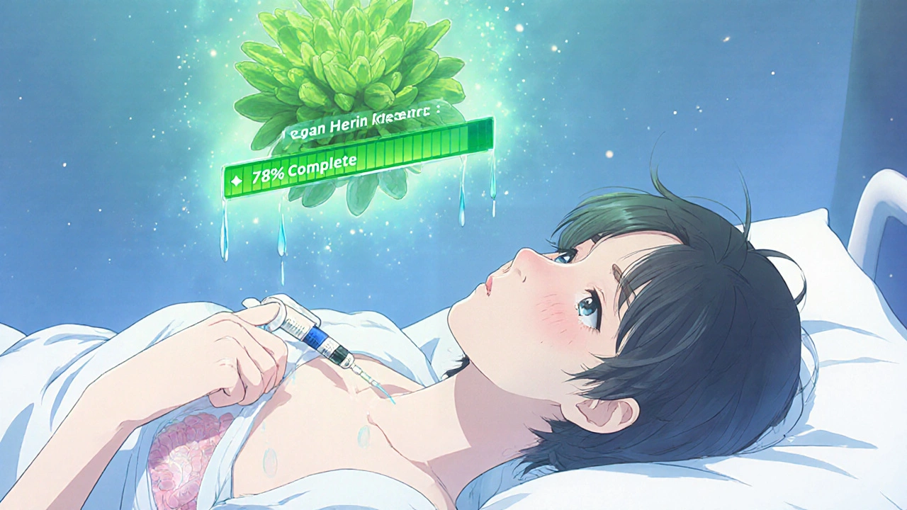 A person on a hospital bed with a plant-based research progress bar glowing above them.