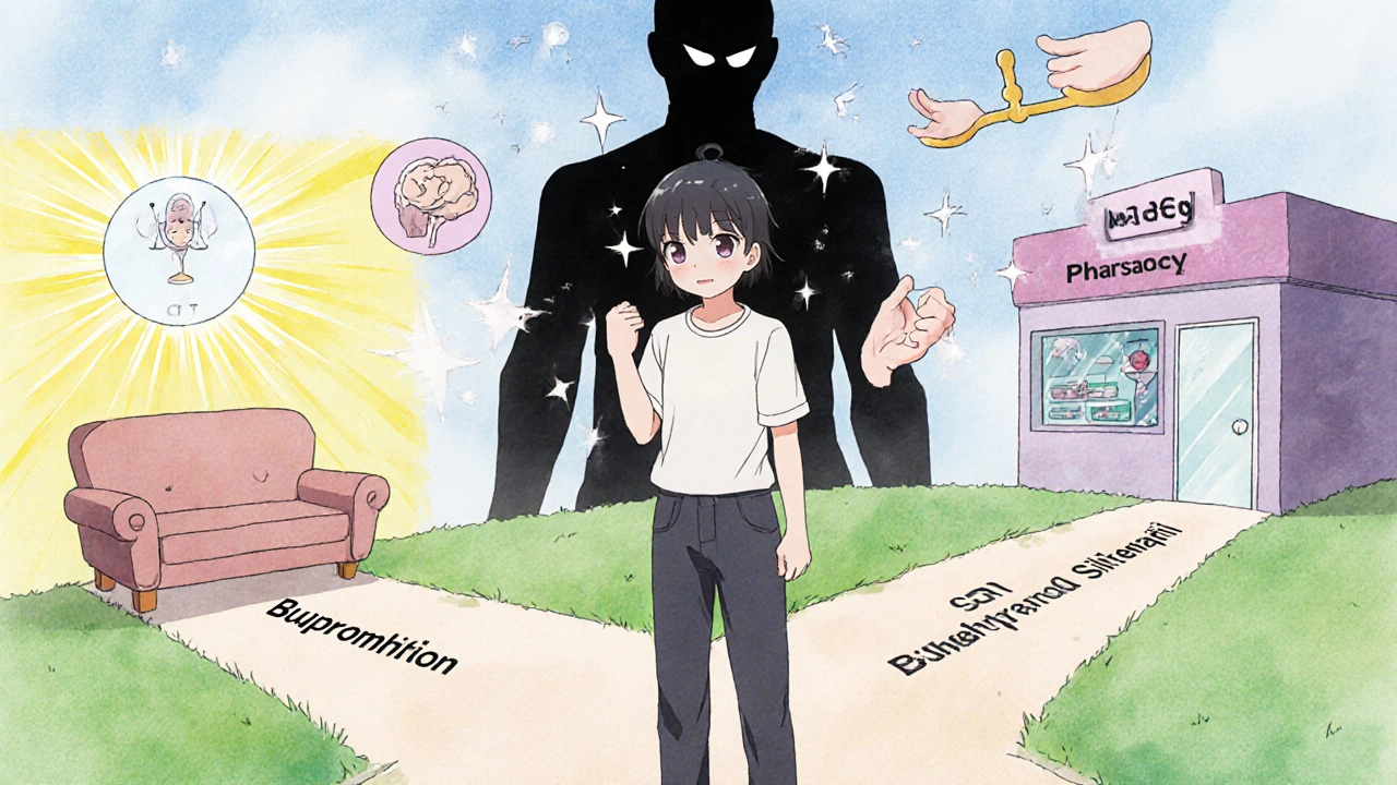 A person standing at a crossroads with therapy and alternative meds on one path, shadowy SSRI side effects behind them.