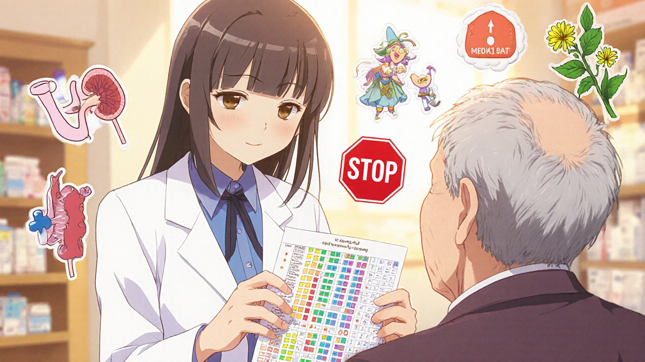 A pharmacist and elderly patient review meds together, with animated interaction icons floating nearby.