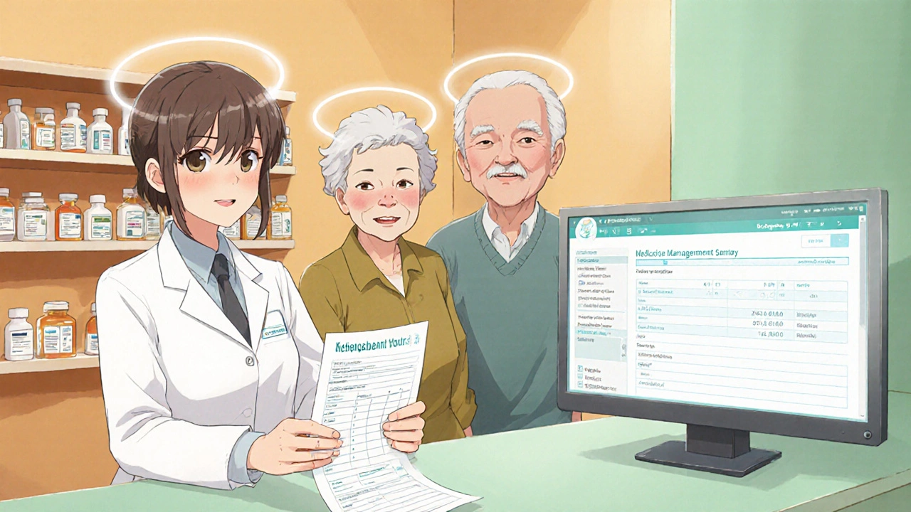 A pharmacist and family review a medication list at a pharmacy counter with glowing digital summaries in the background.