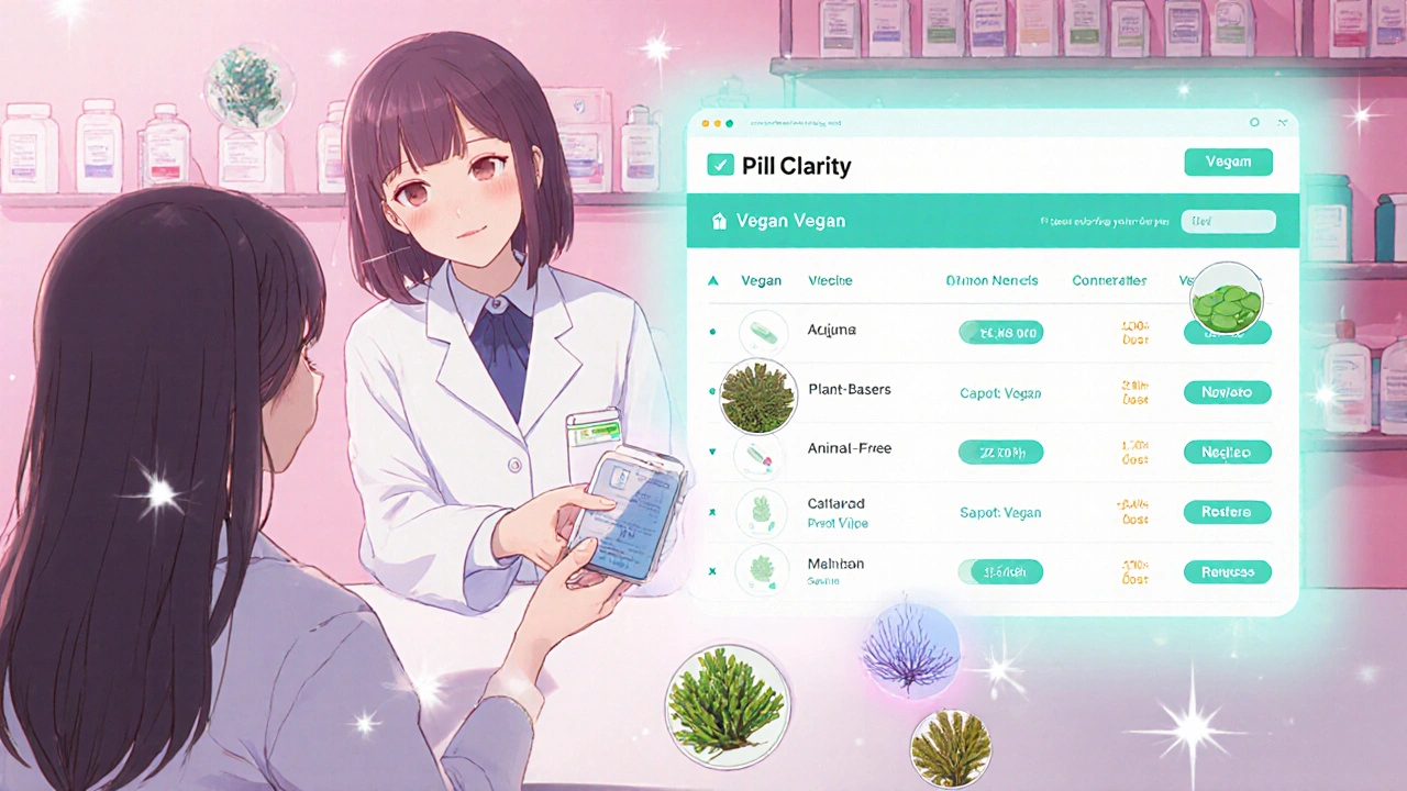 A pharmacist handing a vegan tablet to a customer with a digital database glowing in the background.