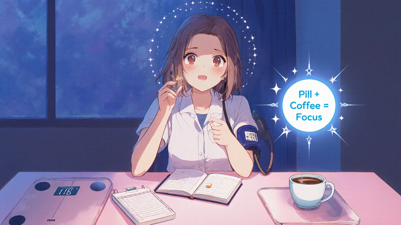 A woman taking ADHD medication with coffee, wearing a blood pressure cuff, logging vitals in a notebook, peaceful morning routine.