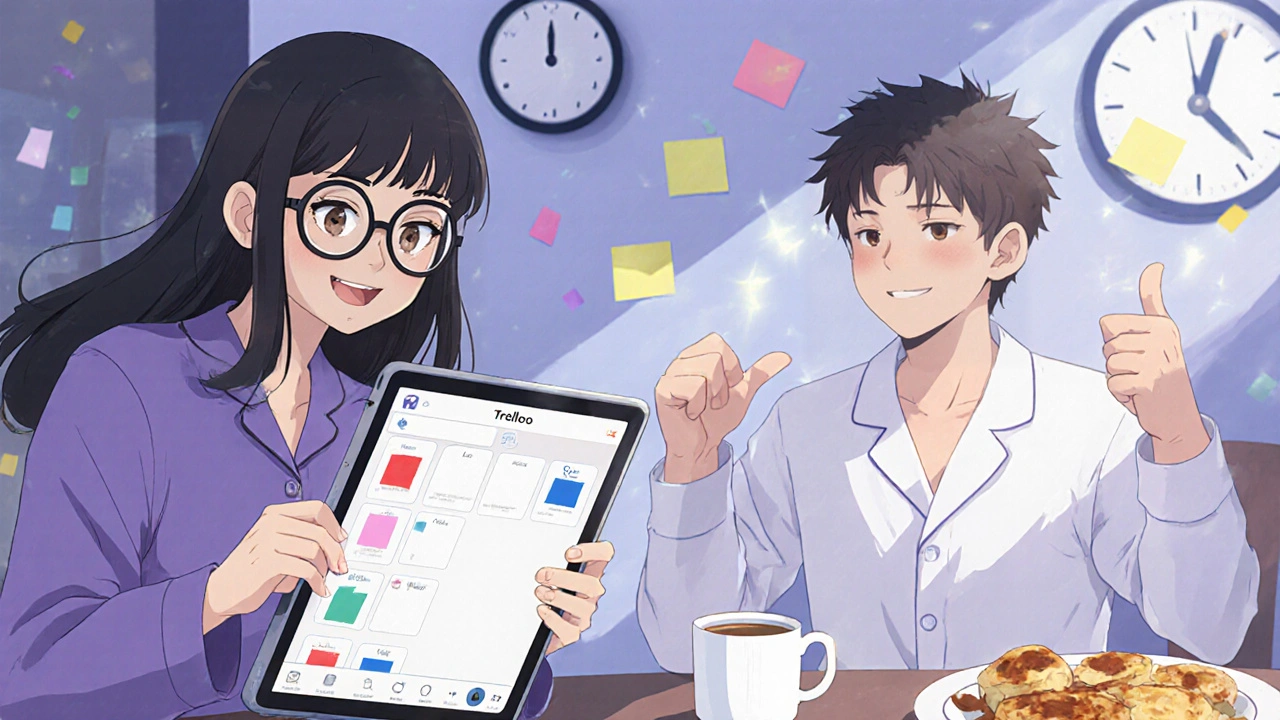 An ADHD coach and client on a Zoom call, with a Trello board visible and coffee mug on the table, warm and supportive atmosphere.