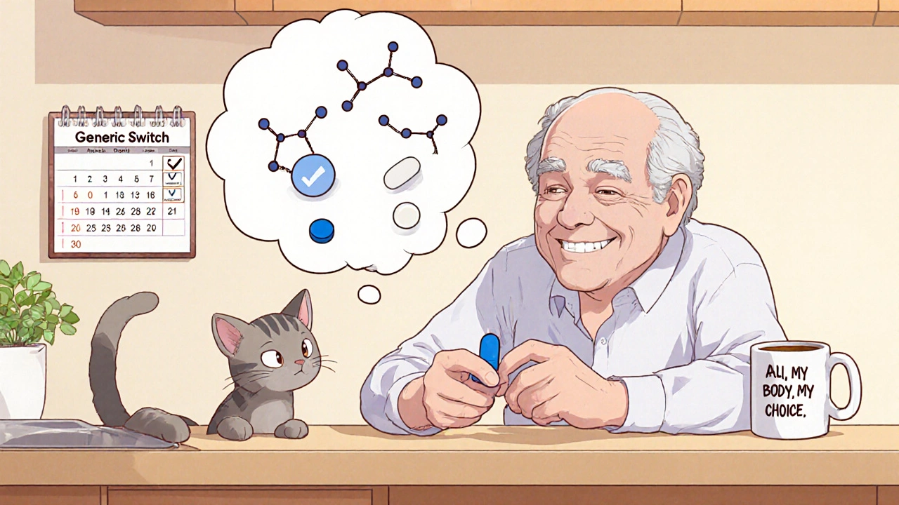 An elderly man compares two pills side by side, with matching molecular structures floating above them.