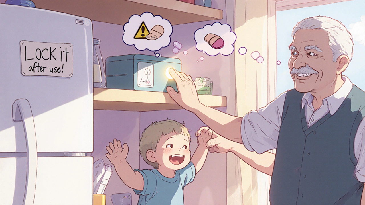 An elderly man opening a biometric lockbox on a shelf while a toddler reaches up, held back by a caring adult.
