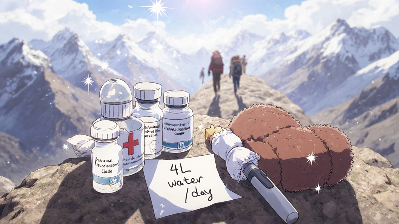 An opened medical kit with pills, insulin, and a hand warmer sits on a rocky ledge under a mountain sky.
