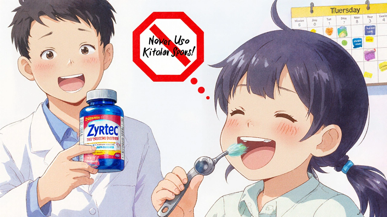 Child happily taking loratadine tablet with a warning sign about kitchen spoons