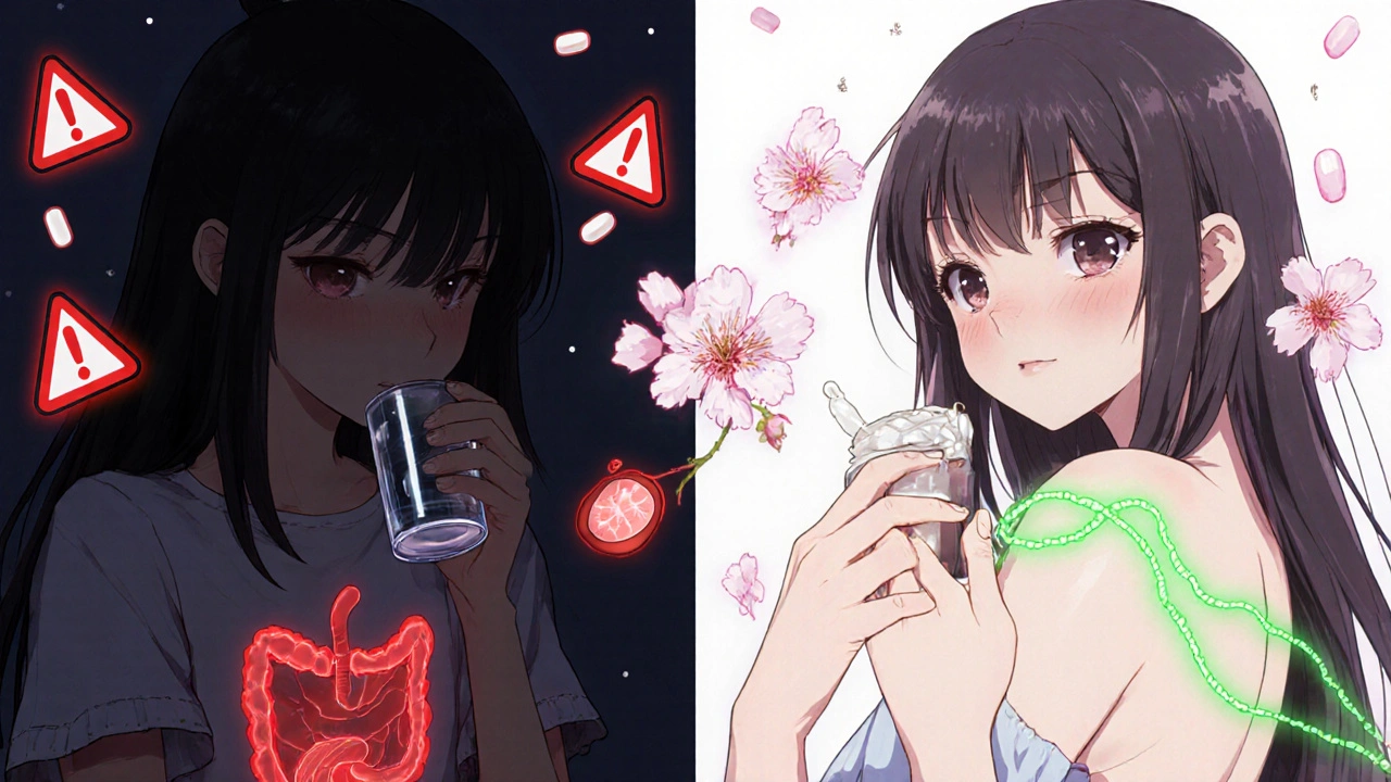 Contrast scene: girl swallowing pill with warning symbols vs. girl applying cream with safe green absorption lines.