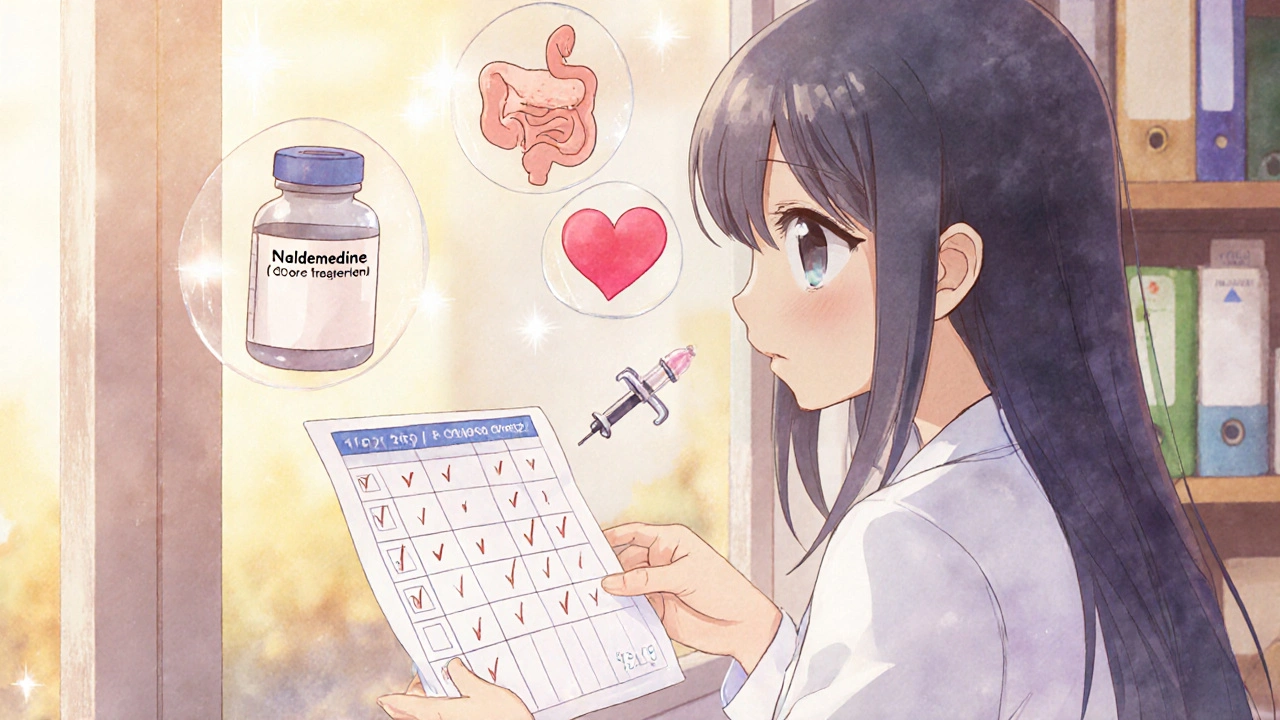 Doctor and patient discussing OIC treatment with floating icons of medications and a stool chart.