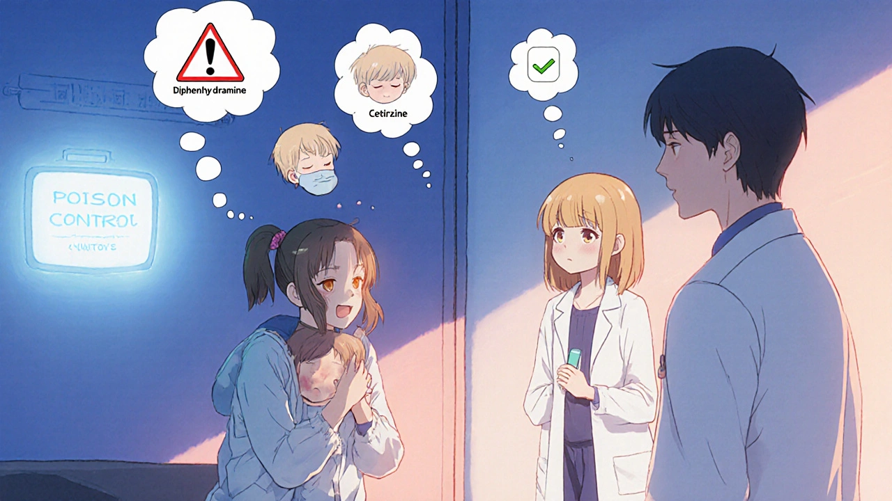 Doctor explaining antihistamine safety to mother while child has hives