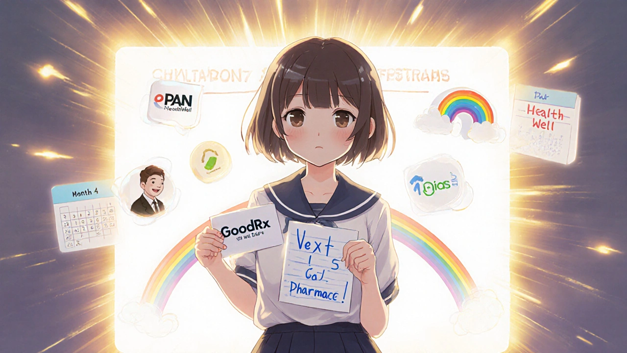 Girl holding GoodRx card with nonprofit assistance icons floating nearby