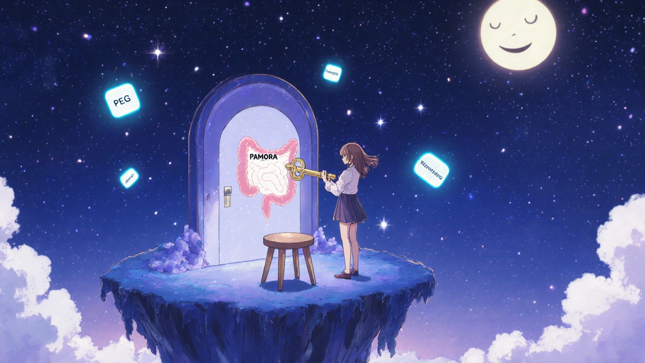 Girl unlocking a gut-shaped door with glowing PAMORA pills as fireflies in a starry dream scene.