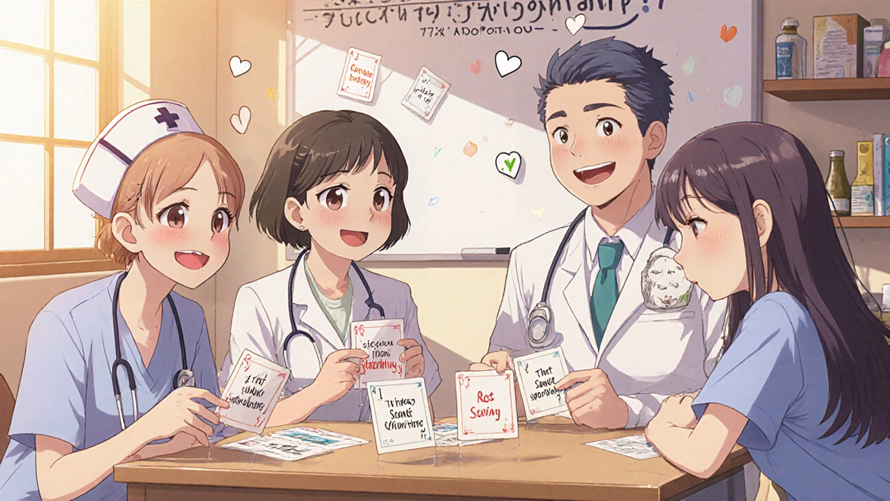 Healthcare workers practice communication skills together in a break room, smiling and learning.