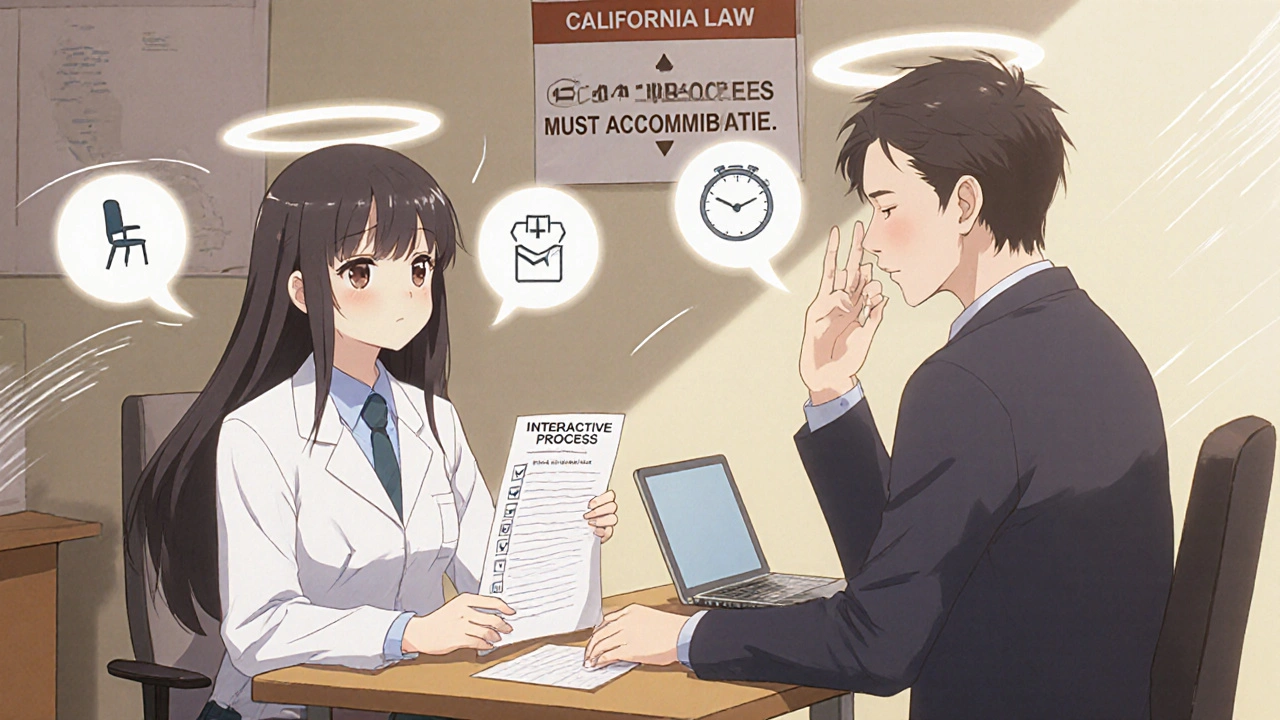 Manager and employee having a supportive conversation about workplace accommodations with a doctor&#039;s note and checklist.