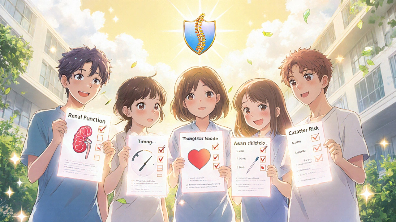 Patients holding glowing checklists in a garden, protective spine emblem above them in soft anime style.