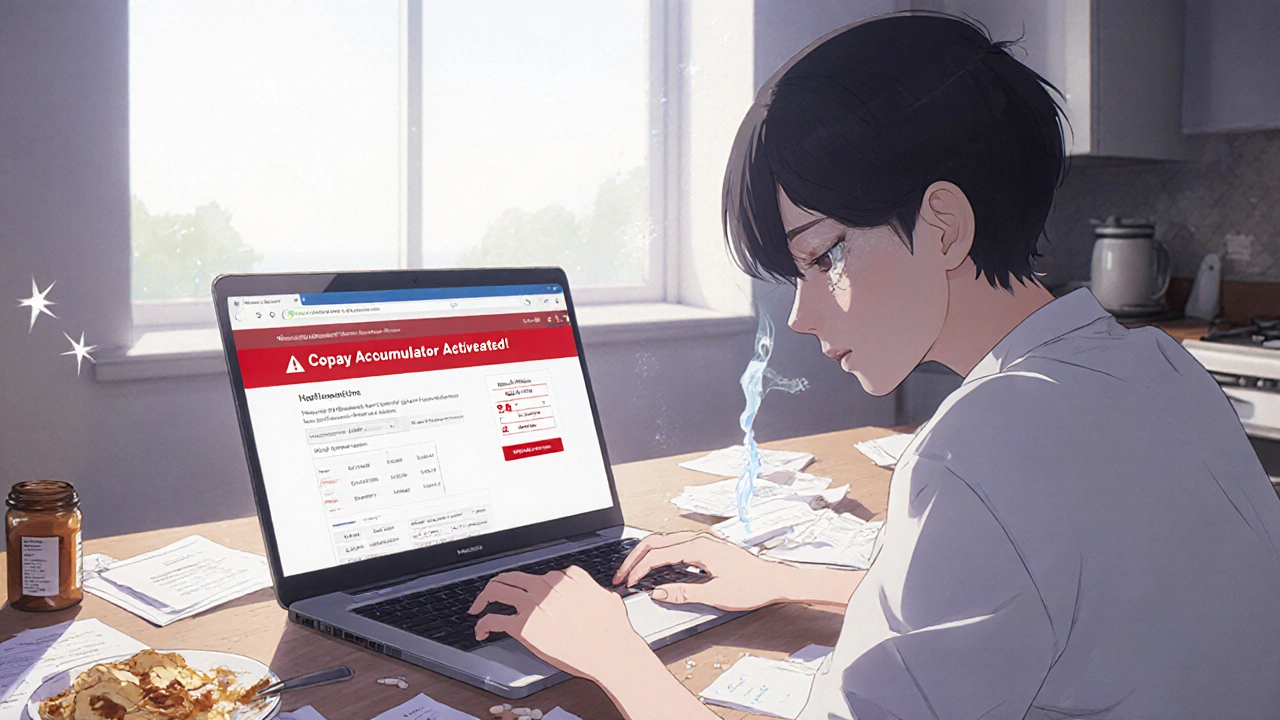 Person distressed by insurance accumulator warning on laptop screen