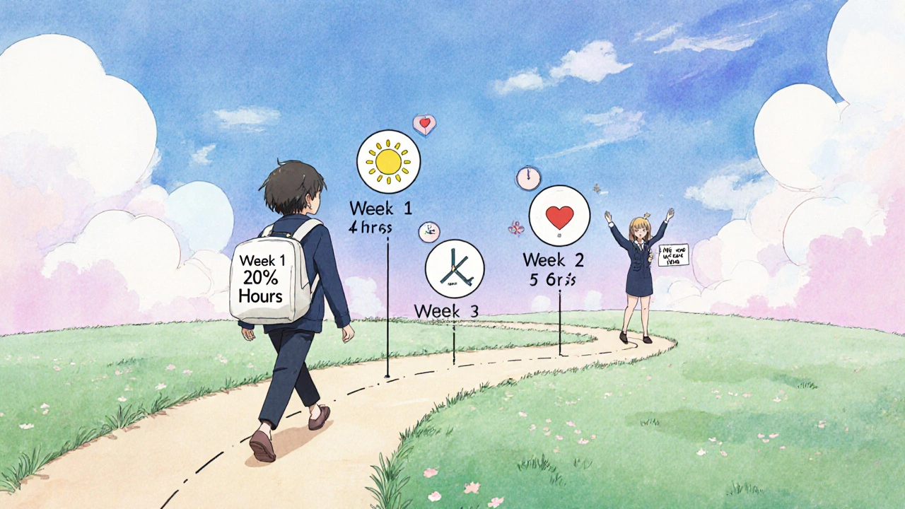 Person walking a gradual return-to-work path with milestones, supported by a coworker under a peaceful sky.