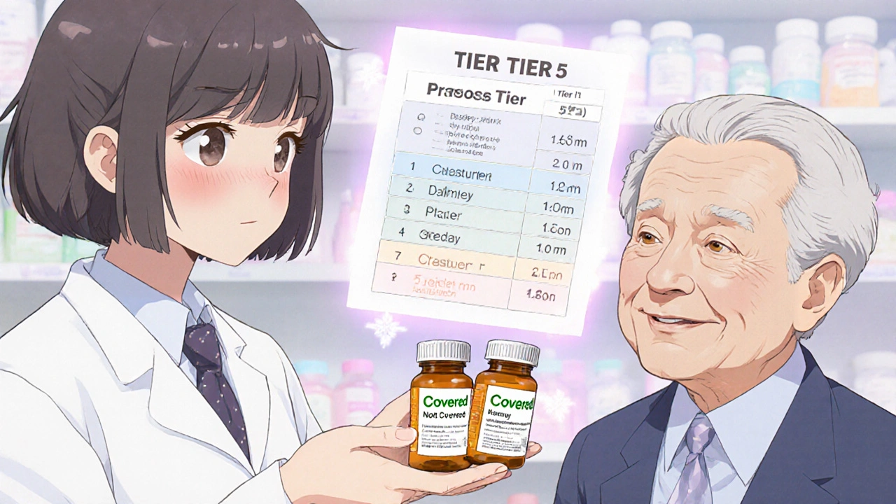 Pharmacist giving prescription to senior with covered and not covered pill bottles floating nearby.