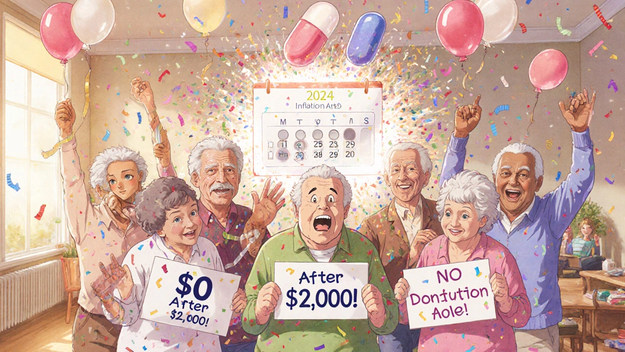 Seniors celebrating with <h2>Real Stories From People on Part D</h2> drug costs signs and a 2024 to 2025 calendar in a community center.