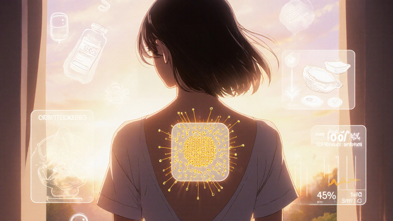 Teenager with glowing microneedle patch on back, golden drug particles flowing into bloodstream.