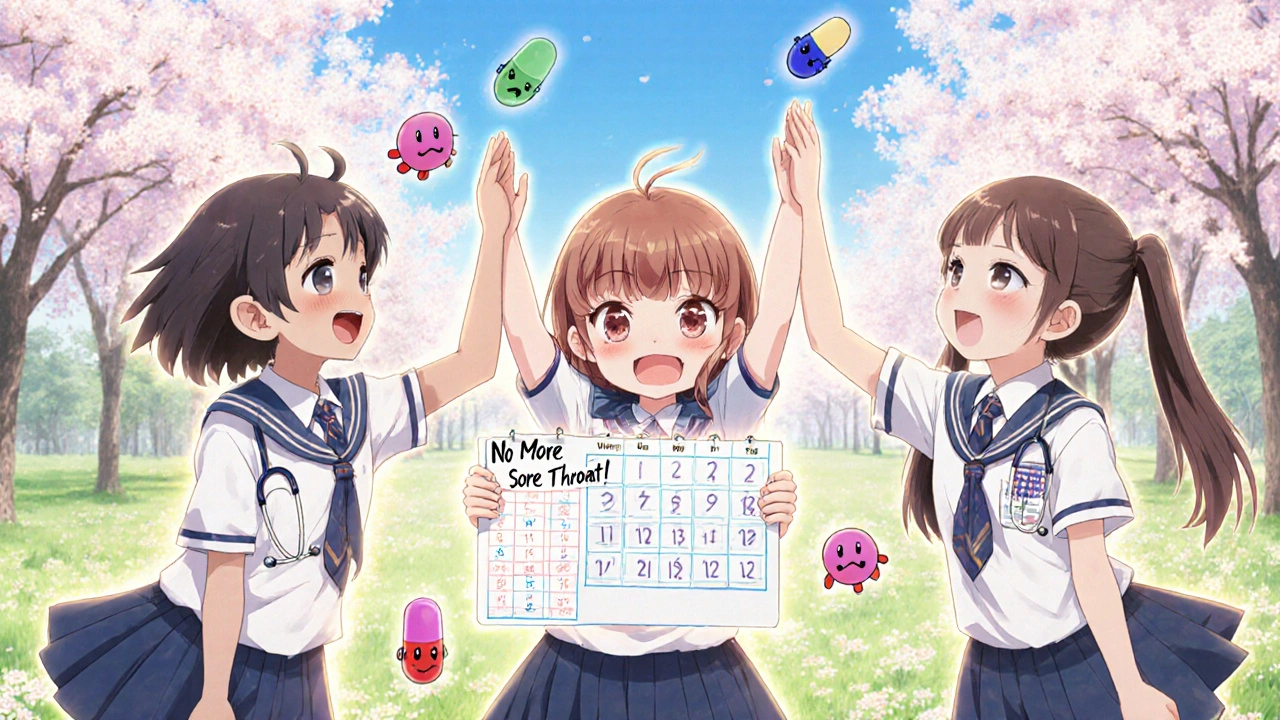 Three kids celebrate recovery from strep throat with a completed pill calendar and floating happy bacteria.