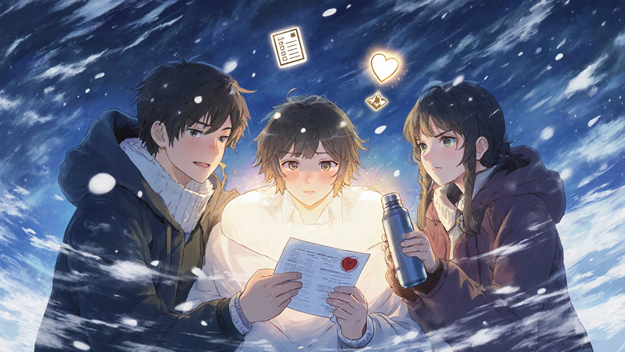 Three pilgrims support a sick companion with a hyperbaric bag as snow falls around them under a stormy sky.