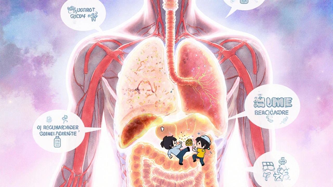 Transparent body showing drug pathways with cute characters fighting over a protein taxi.