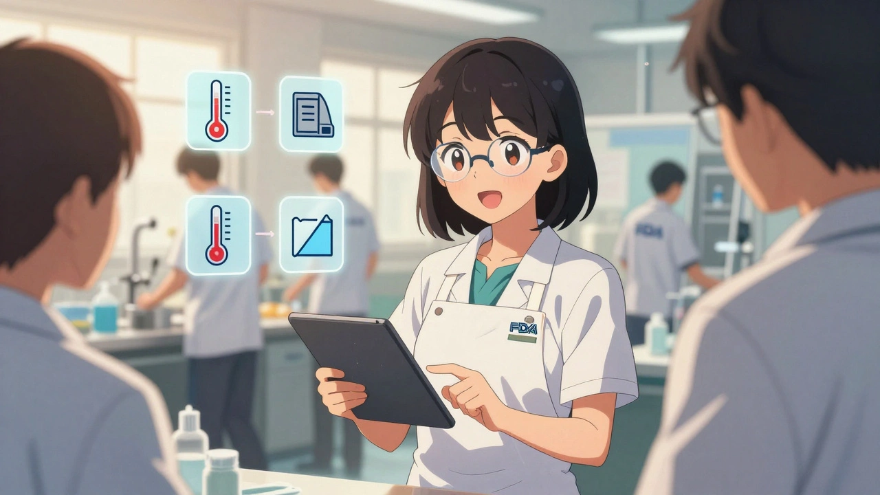 A bilingual QA specialist explains food safety procedures to inspectors with digital logs visible.