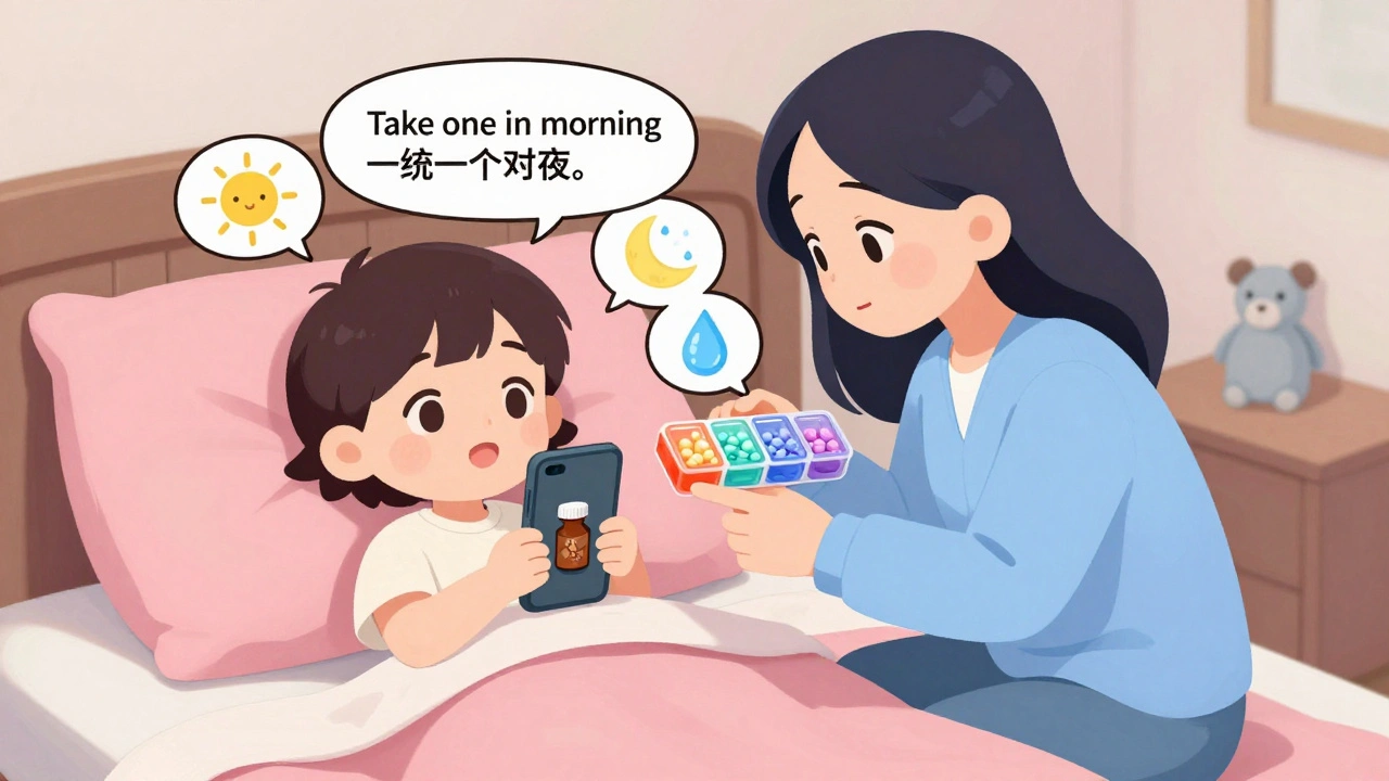 A caregiver and child sit on a bed, reviewing a photo of a pill bottle and using a four-section pill organizer with sun and moon icons.