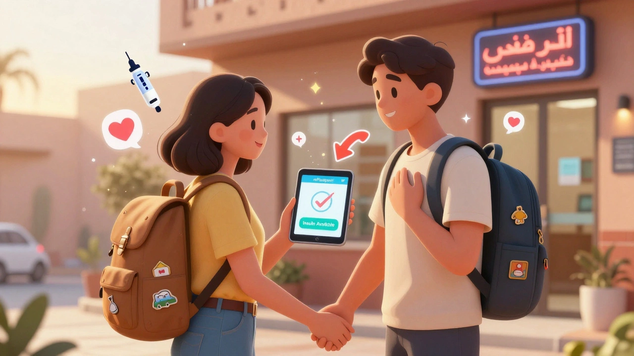 A couple smiling outside a clinic in Morocco with a tablet showing insulin is available.