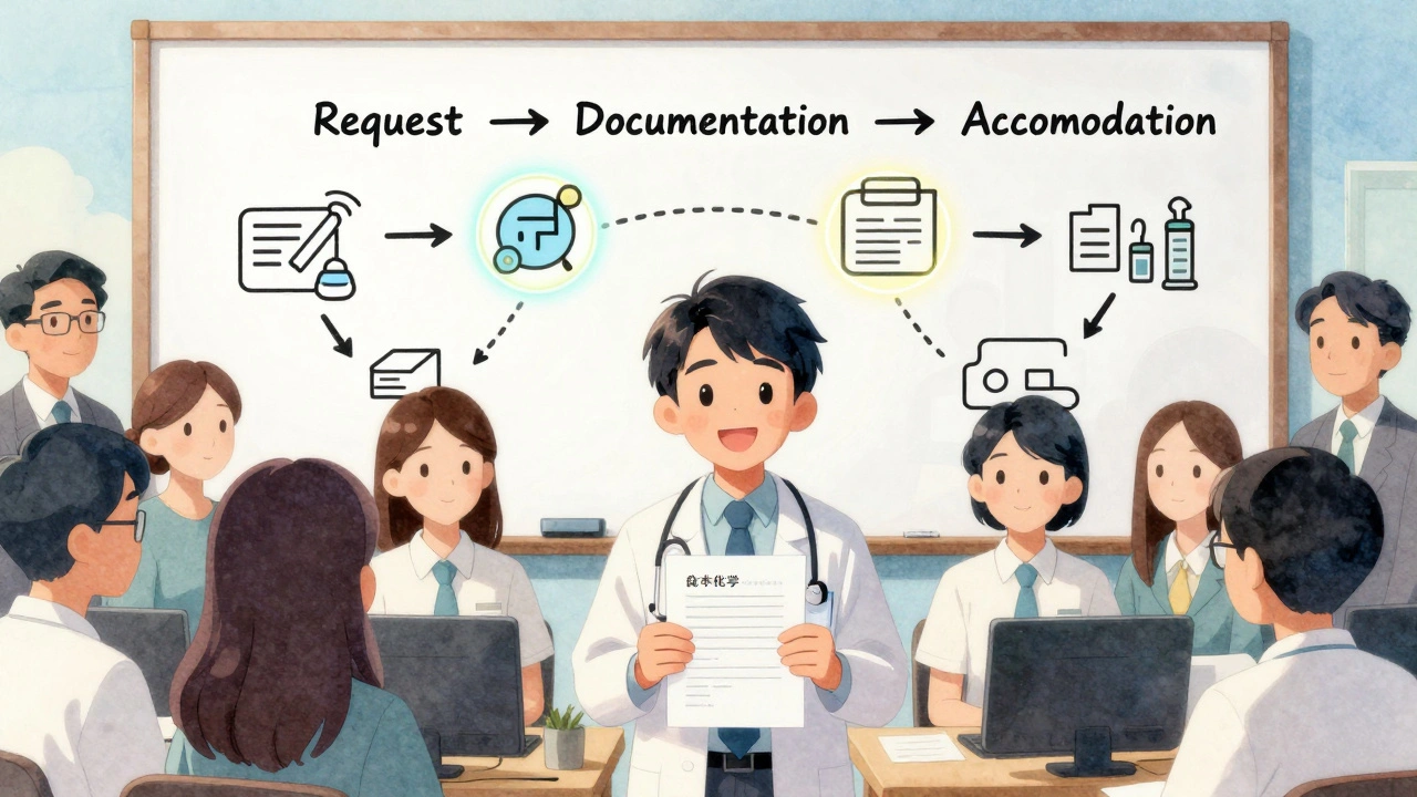 A diverse team in training with a whimsical flowchart showing the accommodation process.