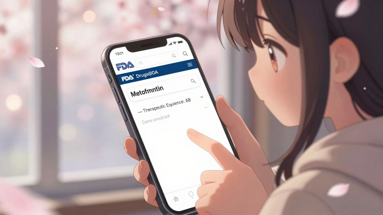 A girl checking the FDA website on her phone to confirm a generic drug is therapeutically equivalent.