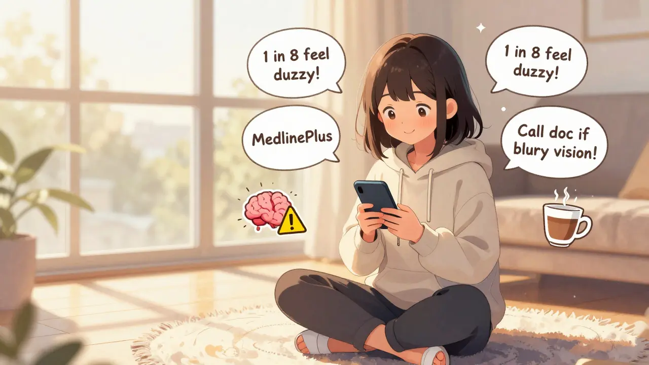 A girl reading MedlinePlus on her phone with simple side effect explanations in speech bubbles.