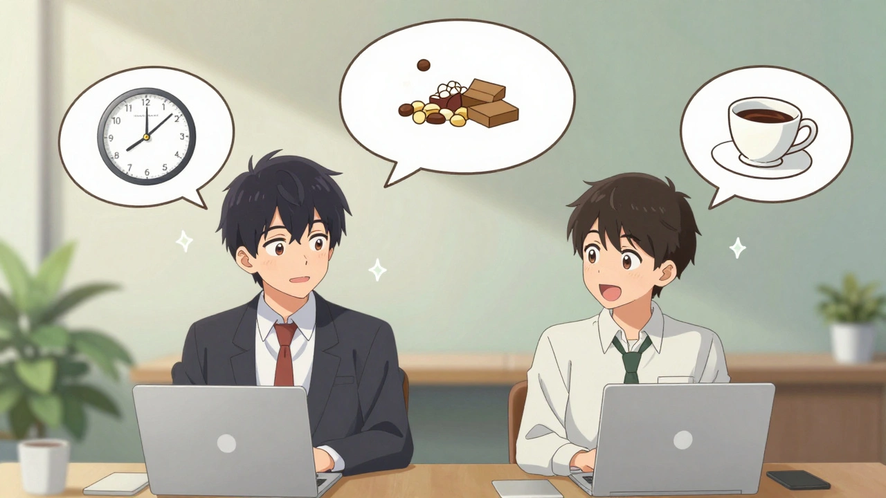 A manager and employee talking kindly in a break room with visual icons of workplace accommodations.