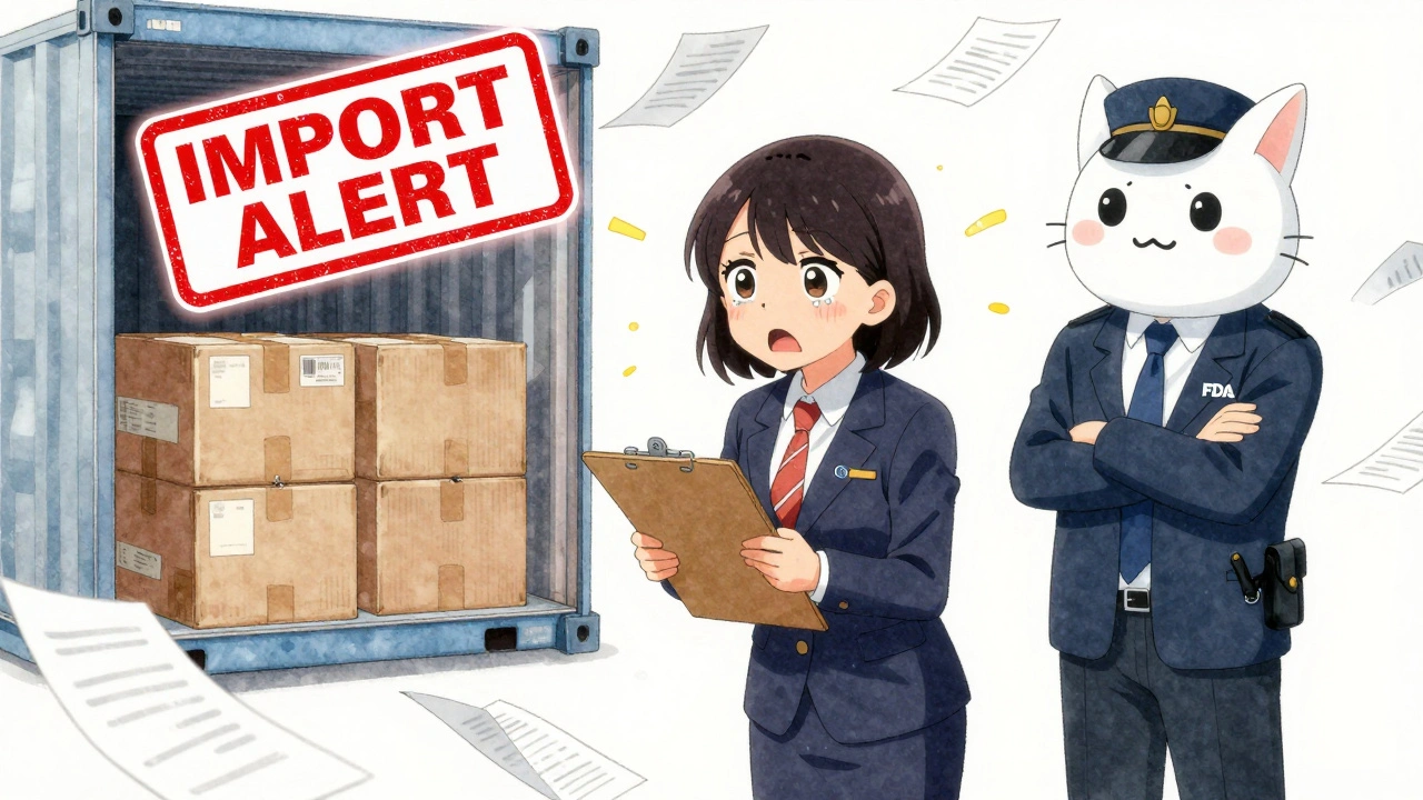 A manager faces a surprise inspection, with an ominous import alert glowing above a shipment.