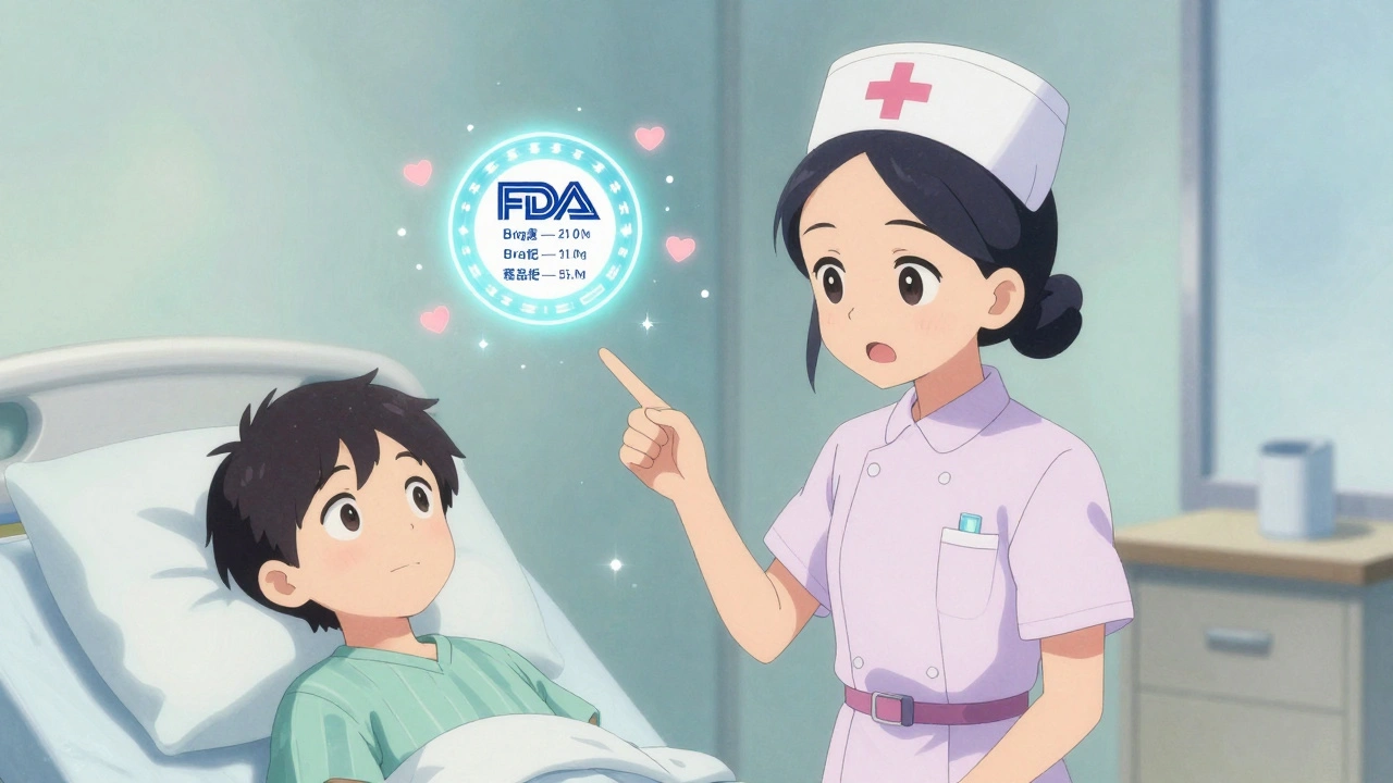A nurse explains drug equivalence to a patient, with an FDA seal glowing softly in the background.