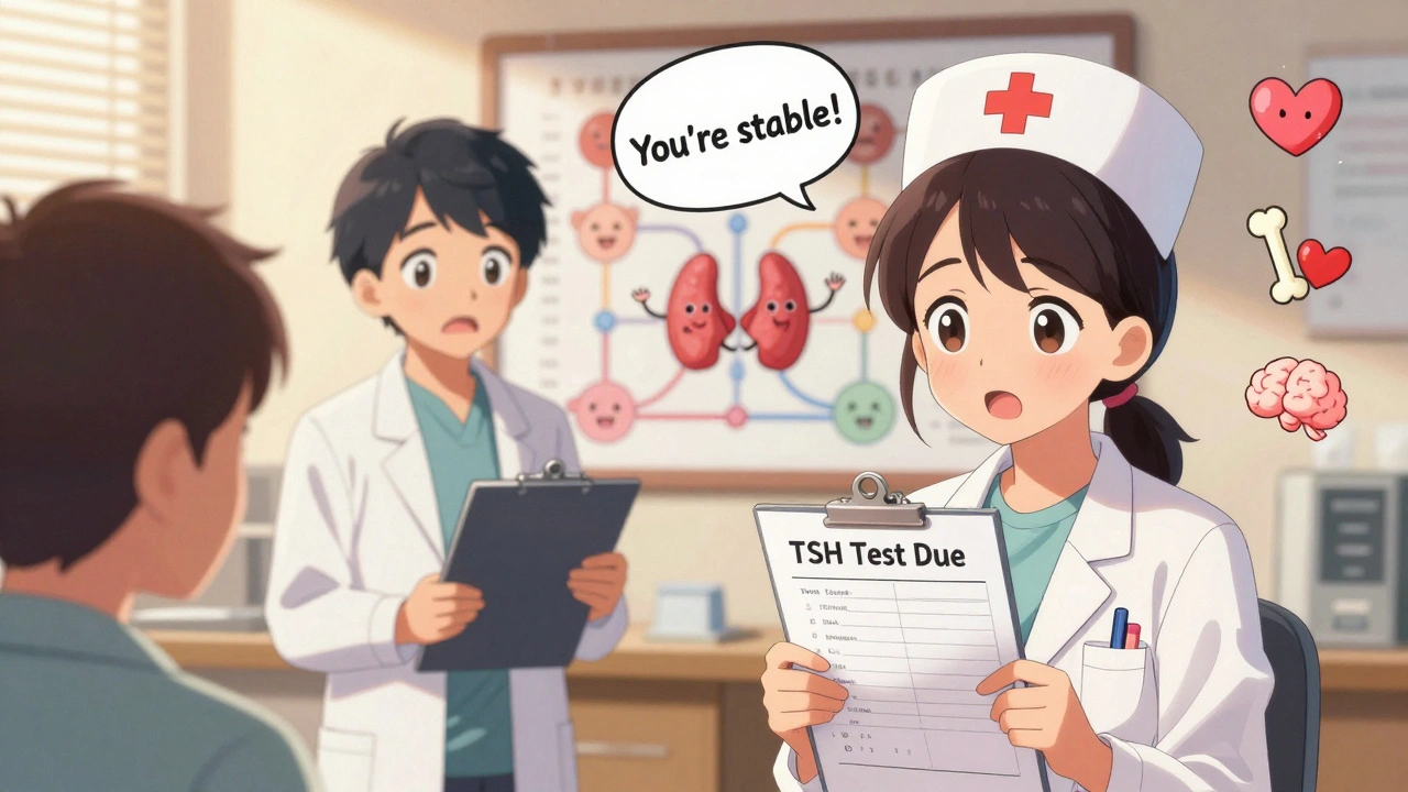 A patient smiles at a doctor’s office holding a normal TSH test result, with thyroid health icons glowing nearby.