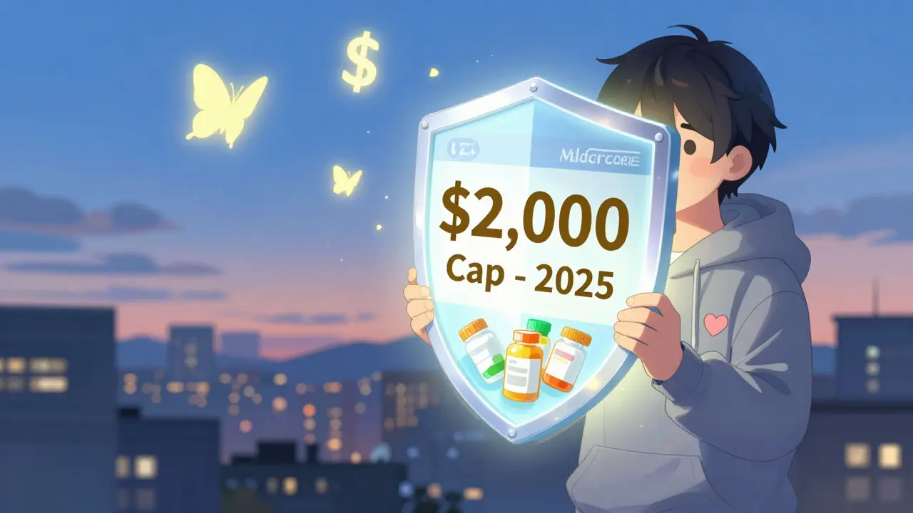 A person protected by a ,000 Medicare out-of-pocket cap shield, with pills and butterflies.